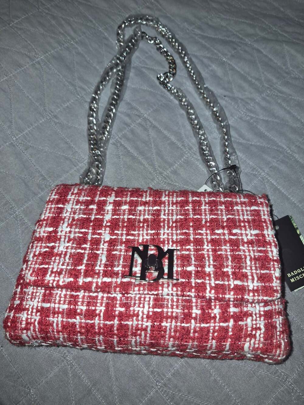 Badgley Mischka Red Tweed Crossbody Bag Chain Strap